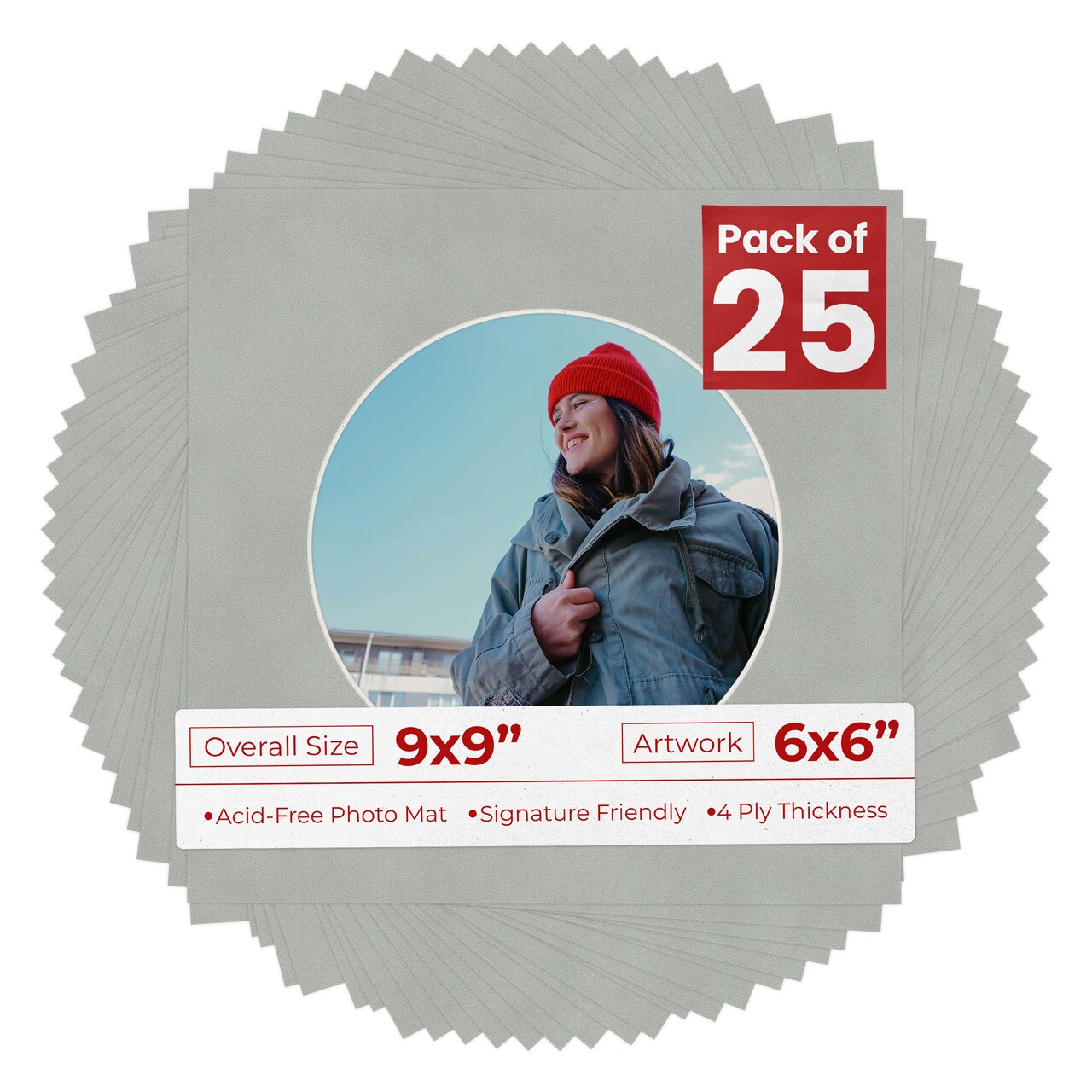 Light Grey Suede Mat Board for 9x9 Frames - Circle Opening for 6x6 Photos